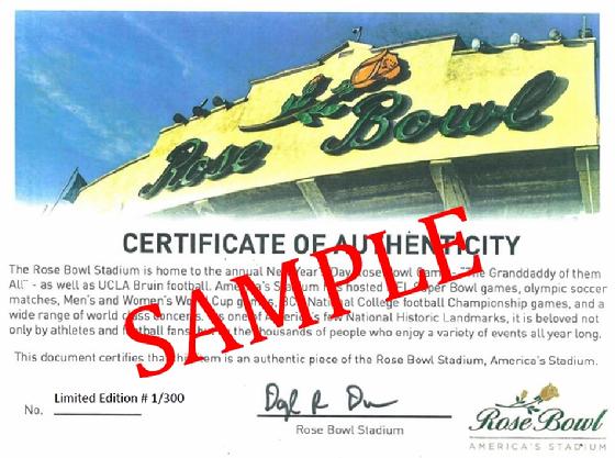 Rose Bowl Stadium Seat Certificate of Authenticity